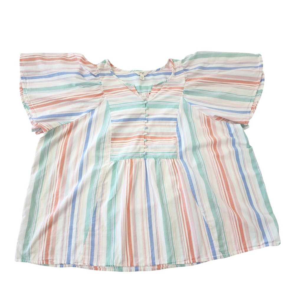 Terra & Sky 3X Womens Plus Size Striped Flutter Sleeve V-Neck Blouse Pastel